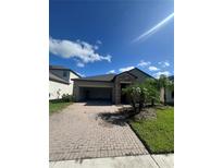 Charming single-Gathering home with stone accents, a brick driveway, and tropical landscaping at 13244 Satin Lily Dr, Riverview, FL 33579