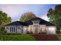 Inviting exterior elevation featuring a brick driveway, neutral siding, and two-car garage at 5001 Sea Branch Ave, Apollo Beach, FL 33572