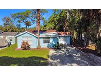 Charming single-story home with a well-maintained lawn, lush trees, and a gravel driveway at 5141 Mallet Dr, Port Richey, FL 34668