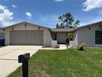 Charming single Gathering home with a two car garage, landscaped yard, and a brick walkway at 9825 Sandstone Ln, Port Richey, FL 34668