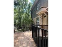 Charming home featuring a wooden deck with black railings and views of mature trees at 4926 Anniston Cir, Tampa, FL 33647