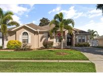 Charming single-story home featuring a lush front yard and tropical landscaping at 23109 Emerson Way, Land O Lakes, FL 34639
