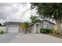 Charming single-story home featuring a gray exterior, well-maintained lawn, mature landscaping, and a two car garage at 9516 Woodborough Ct, Tampa, FL 33615