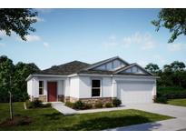 Charming single-story home showcasing stone accents, neutral paint, a red front door, manicured lawn and a two-car garage at 12518 Maginn Ct, Weeki Wachee, FL 34614