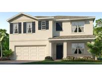 Two-story house with beige siding, dark shutters and a three-car garage at 7596 Rome Ln, Brooksville, FL 34613