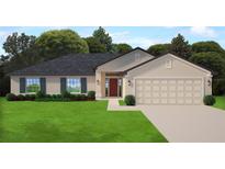 Charming single-story home with a two-car garage, manicured lawn, and inviting red front door at 10263 Jollett St, Spring Hill, FL 34608