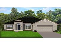 Charming one-story home featuring a gray exterior, black roof, manicured lawn, and attached two-car garage at 423 Tryon Cir, Spring Hill, FL 34606