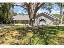 Charming one-story home with a light grey exterior, mature trees, and well-maintained landscaping in a lush setting at 4318 River Birch Dr, Spring Hill, FL 34607