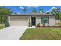 Charming single-story home featuring a manicured lawn, neutral stucco exterior, and a two-car garage at 14025 Canyon Swallow Rd, Weeki Wachee, FL 34614