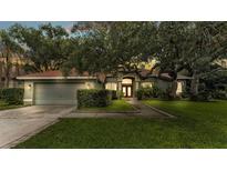 Well-maintained home featuring a two-car garage, manicured lawn, lush landscaping, and a welcoming entryway at 2332 Timbergrove Dr, Valrico, FL 33596