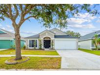 Tan one-story home with two-car garage at 11519 Misty Isle Ln, Riverview, FL 33579