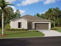 One-story home with attached garage, light-colored walls, and a dark brown garage door at 9809 Last Light Gln, Parrish, FL 34219