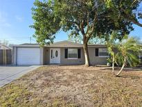 Charming single-story home with a white front door, an attached garage and a front yard with mature trees at 5014 Galaxy Dr, New Port Richey, FL 34652