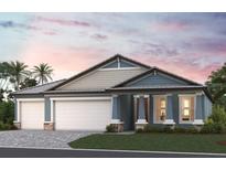 Charming single-Gathering home with a three-car garage and well-manicured lawn under a pink and purple sunset at 1688 Lugano Cir, North Venice, FL 34275