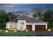 Beautiful single-story home with a two-car garage, manicured lawn, and elegant, light blue front door at 7566 Seahawk Ave, Sarasota, FL 34241