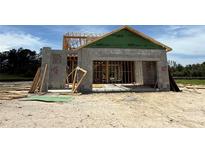 An up-close construction of a modern home showing the block and ZIP System sheathing in the framing process at 7930 Chandler Lake Ct, Hudson, FL 34667