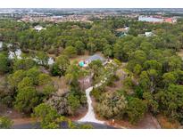 Expansive aerial view of a private home nestled among dense trees and a glistening blue pool at 233 Snyder Dr, Venice, FL 34292