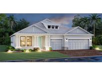 Charming single-Gathering home featuring a three-car garage, well-manicured lawn, and a welcoming light blue front door at 4733 Sweet Retreat Run, Lakewood Ranch, FL 34211