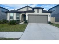 Two-story house with gray garage door and well-maintained lawn at 9204 Rally Spring Loop, Wesley Chapel, FL 33545