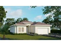 Newly built single-story home with 2-car garage, lush landscaping, and neutral paint at 125 Baytree Dr, Rotonda West, FL 33947