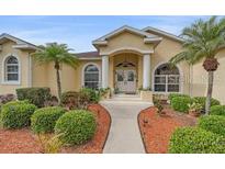 Charming front exterior featuring a well-manicured lawn, mature palm trees, and a welcoming entrance at 18011 Prairie Wolf Gln, Parrish, FL 34219