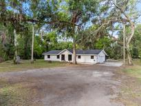 Aerial view of a charming single-story home showcasing its surrounding trees and ample parking space at 6005 Ike Smith Rd, Plant City, FL 33565
