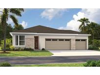 Charming single-story home featuring a stone-accented facade, a multi-car garage, and a well-manicured lawn at 9229 Players Dr, Weeki Wachee, FL 34613