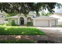 Charming single Gathering home with a well-maintained lawn, mature landscaping, and a three car garage at 4428 Winding River Drive, Valrico, FL 33596