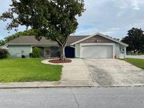 Charming single-story home featuring a well-maintained lawn, mature tree, and an attached two-car garage at 12215 Cobble Stone Dr, Hudson, FL 34667