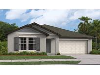 One-story home with gray siding, white garage door, and landscaping at 22075 Blazing Star Run, Land O Lakes, FL 34637