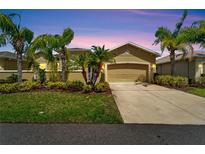 Tan two-car garage home with landscaping and palm trees at 2121 Sifield Greens Way # 64, Sun City Center, FL 33573