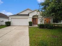 Single-story home with two-car garage and well-maintained lawn at 11440 Misty Isle Ln, Riverview, FL 33579