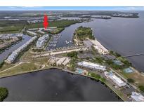 Breathtaking aerial view of community with marina, condo buildings, pool, tennis courts, and waterfront access at 3257 Mangrove Point Dr, Ruskin, FL 33570