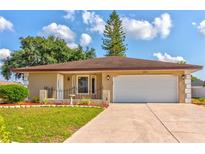 Tan house with white garage door and landscaping at 1810 Haverford Ave, Sun City Center, FL 33573