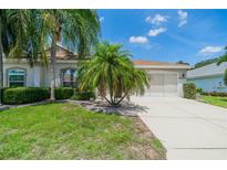 Single-story house with palm trees, lush lawn, and a two-car garage at 912 Oxford Park Dr, Sun City Center, FL 33573
