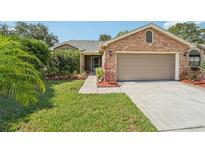 Charming single-story brick home featuring a well-manicured lawn and attached two-car garage at 3554 Deer Run S, Palm Harbor, FL 34684