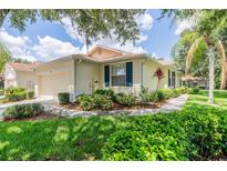 Charming single-story villa with a yellow exterior, blue shutters, and a two-car garage at 2346 Nantucket Dr # 58, Sun City Center, FL 33573