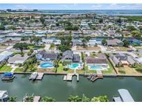 Aerial view of waterfront home with private pool and dock at 8461 Flagstone Dr, Tampa, FL 33615