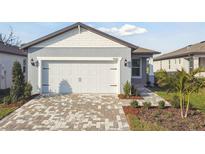Charming single-Gathering home with a two-car garage and a beautifully landscaped front yard and walkway at 9421 Ballaster Pointe Loop, Parrish, FL 34219
