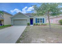 One-story house with green exterior, two-car garage, and landscaping at 9538 Highland Ridge Dr, Hudson, FL 34667