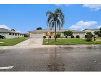 Single-story home with a two-car garage and a palm tree in the front yard at 406 S Pebble Beach Blvd, Sun City Center, FL 33573