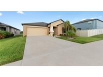 Tan house with a two-car garage and well-manicured lawn at 10005 Caraway Spice Ave, Riverview, FL 33578