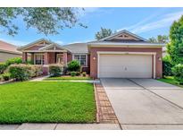Single-story home with two-car garage, lush lawn, and brick walkway at 10906 Holly Cone Dr, Riverview, FL 33569