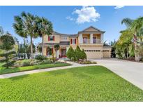 Elegant two-story home with a manicured lawn, lush landscaping, and a welcoming double-door entrance at 19300 Lonesome Pine Dr, Land O Lakes, FL 34638