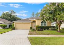Single-story house with attached garage and manicured lawn at 35506 Wickingham Ct, Zephyrhills, FL 33541