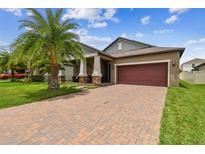 Single-Gathering home with brick driveway, two-car garage and palm trees at 10012 Sage Creek Dr, Ruskin, FL 33573