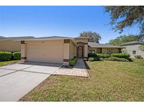 Charming single-story home with a well-maintained lawn and attached two-car garage at 1145 Almondwood Dr, Trinity, FL 34655