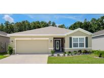 Tan one story home with a two car garage and landscaped lawn at 18212 Hunters Meadow Walk, Land O Lakes, FL 34638