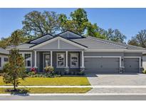 Charming one-story home with a gray exterior, well-manicured lawn, and a two-car garage at 157 Hidden Estates Ct, Brandon, FL 33511