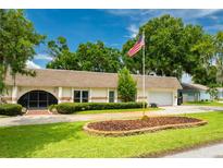 Charming single-story home featuring a well-manicured lawn, mature trees, and an American flag at 3744 E Lake Dr, Land O Lakes, FL 34639